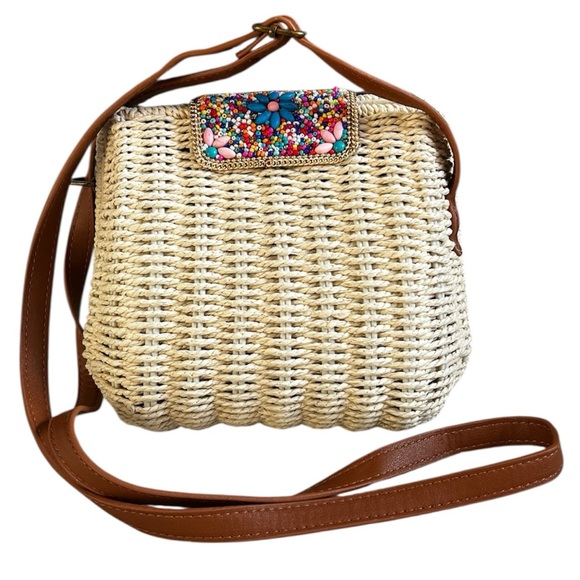 Brand New Women’s Cream Basket & Faux Brown Leather Purse w/ Colourful Beads - Picture 2 of 9